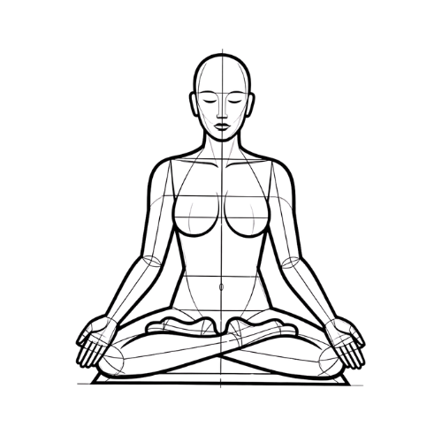 Linienzeichnung einer Frau in der östlichen Meditationshaltung (Schneidersitz) nach Israel Regardie. Aufrechte Haltung mit geradem Rücken und Händen auf den Knien.